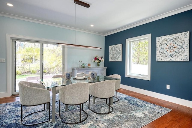147 Ridge St, Arlington, MA 02474 - dining room with recessed lighting, baseboards, ornamental molding, and wood finished floors