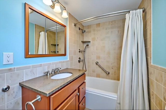 24 E St, Weymouth, MA 02189 - full bathroom featuring tile walls, vanity, and shower / tub combo with curtain