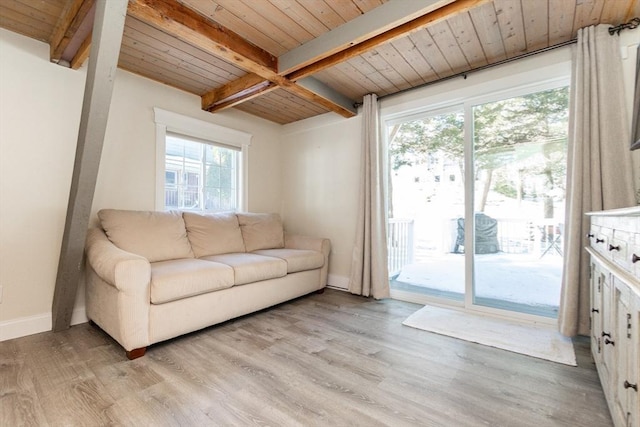 living room featuring beamed ceiling, light wood-type flooring, and wood ceiling