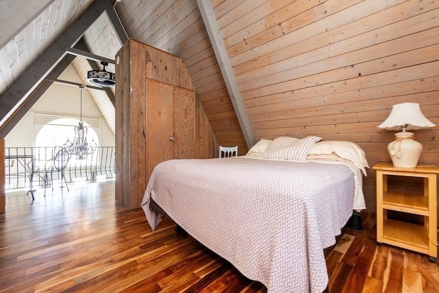 unfurnished bedroom with an inviting chandelier, wood ceiling, lofted ceiling with beams, wooden walls, and dark hardwood / wood-style flooring