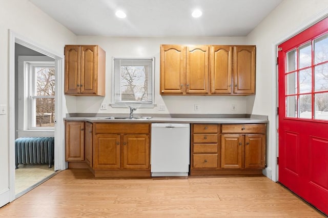 kitchen featuring dishwasher, radiator, sink, and light wood-type flooring