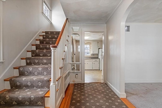 stairway with hardwood / wood-style flooring and ornamental molding