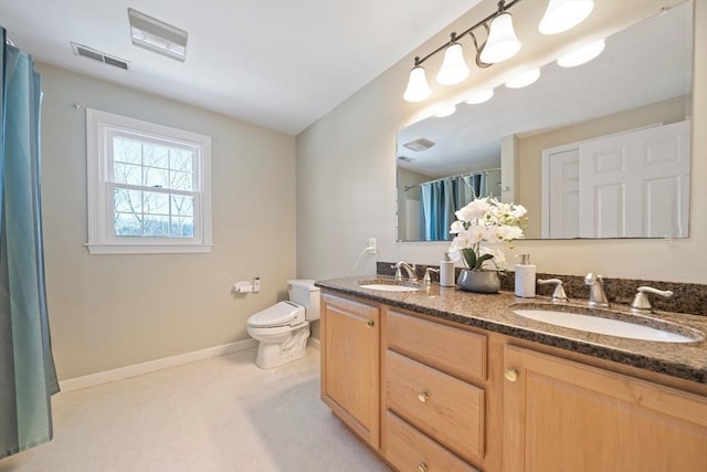 full bath featuring toilet, double vanity, visible vents, and a sink