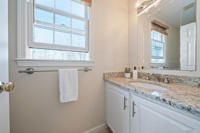 bathroom with visible vents, vanity, and baseboards