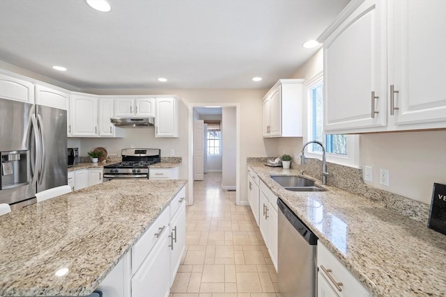 kitchen featuring stainless steel appliances, recessed lighting, white cabinetry, a sink, and under cabinet range hood