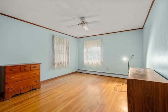 unfurnished bedroom featuring light hardwood / wood-style floors, ceiling fan, a baseboard radiator, and crown molding