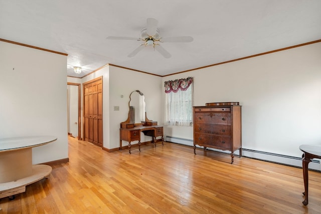 living area featuring ornamental molding, light hardwood / wood-style floors, baseboard heating, and ceiling fan