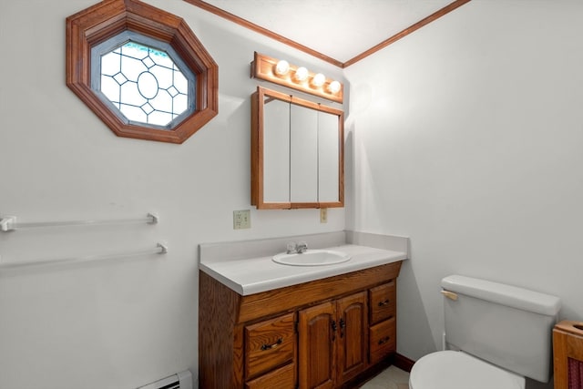 bathroom featuring toilet, baseboard heating, vanity, and crown molding