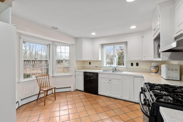kitchen featuring light countertops, range with gas cooktop, black dishwasher, white cabinetry, and a sink
