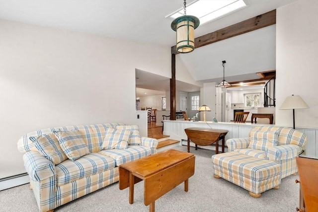 carpeted living area with vaulted ceiling with beams