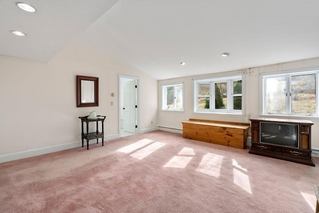 unfurnished living room with vaulted ceiling, recessed lighting, baseboards, light carpet, and baseboard heating