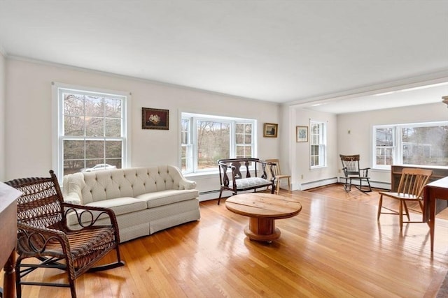 living room with wood finished floors and baseboard heating
