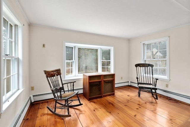 living area with a baseboard radiator, light wood-style floors, and a healthy amount of sunlight