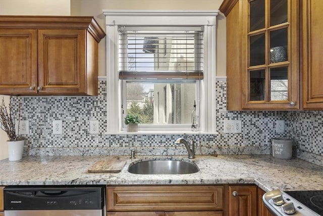 28 Mason, Salem, MA 01970 - kitchen featuring dishwasher, a sink, brown cabinets, stove, and backsplash