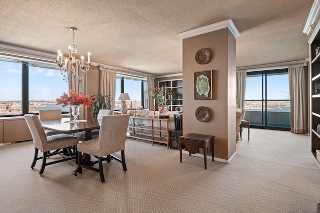 dining area featuring a wealth of natural light, light carpet, a textured ceiling, and an inviting chandelier