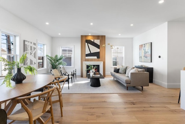 living room with a large fireplace and light hardwood / wood-style flooring