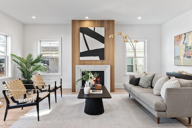 living room with a large fireplace and light hardwood / wood-style flooring