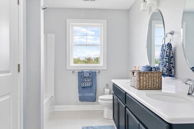 full bathroom with tile patterned flooring, vanity, bathtub / shower combination, and toilet