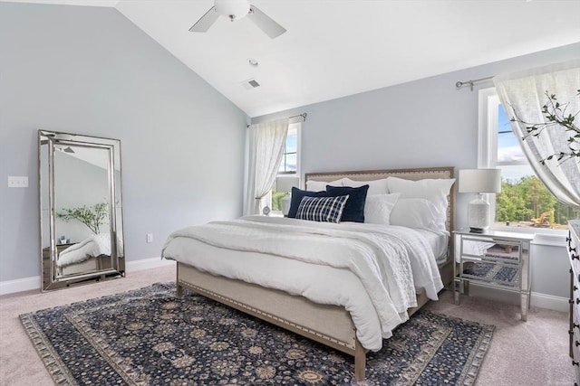 bedroom featuring high vaulted ceiling, carpet floors, and ceiling fan