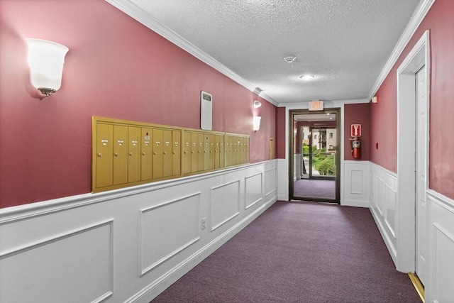 181 Littleton Rd Unit 333, Chelmsford, MA 01824 - hallway featuring mail area, a textured ceiling, ornamental molding, carpet, and wainscoting