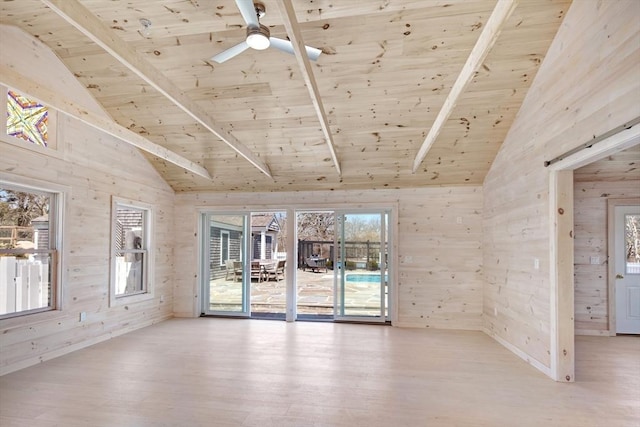 spare room with beam ceiling, wood ceiling, wood-type flooring, and wood walls