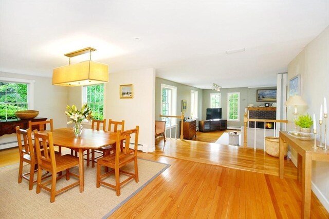 1074 Concord Rd, Sudbury, MA 01776 - dining space with wood finished floors, baseboard heating, and a fireplace