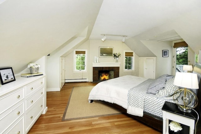 1074 Concord Rd, Sudbury, MA 01776 - bedroom with a baseboard radiator, multiple windows, light wood-type flooring, lofted ceiling, and track lighting