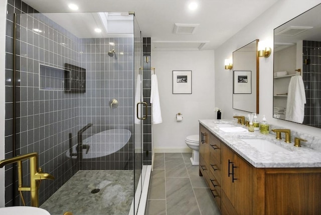 1074 Concord Rd, Sudbury, MA 01776 - bathroom with toilet, double vanity, a shower stall, baseboards, and marble look tile flooring