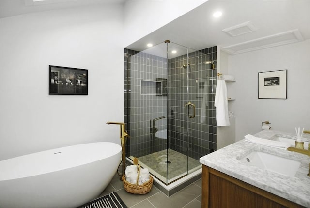 1074 Concord Rd, Sudbury, MA 01776 - bathroom with a stall shower, a soaking tub, vanity, tile patterned floors, and recessed lighting