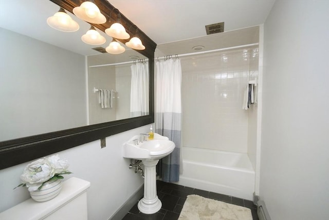 1074 Concord Rd, Sudbury, MA 01776 - bathroom featuring shower / tub combo with curtain, tile patterned flooring, toilet, and baseboards