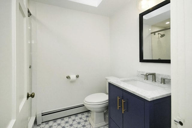 1074 Concord Rd, Sudbury, MA 01776 - bathroom with baseboard heating, vanity, toilet, a shower, and tile patterned floors