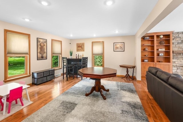 16 Blueberry Way, Webster, MA 01570 - living room featuring wood finished floors, recessed lighting, and built in shelves