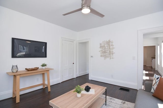 22 Chester Unit 22, Amesbury, MA 01913 - living room with dark wood-style flooring, ceiling fan, and baseboards