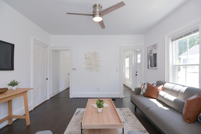 22 Chester Unit 22, Amesbury, MA 01913 - living room featuring ceiling fan, dark wood-style floors, and baseboards