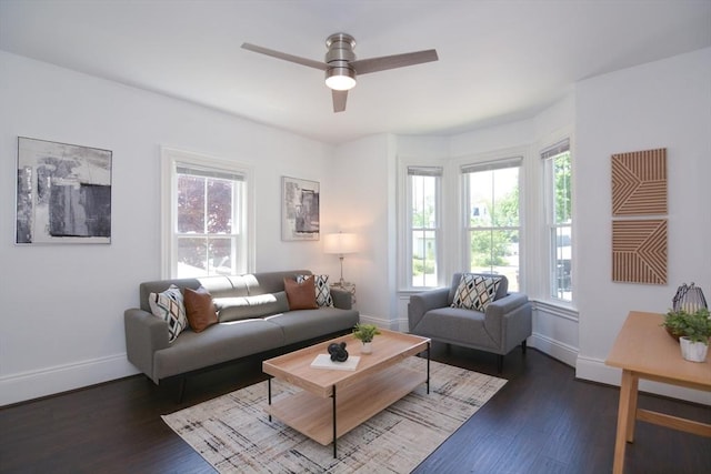 22 Chester Unit 22, Amesbury, MA 01913 - living area with healthy amount of natural light, baseboards, ceiling fan, and dark wood-style floors