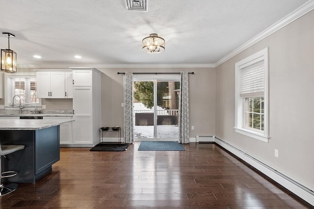 interior space with a baseboard heating unit, a wealth of natural light, dark hardwood / wood-style flooring, and sink