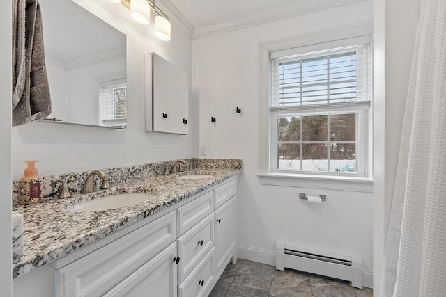 bathroom featuring a baseboard radiator, vanity, and ornamental molding