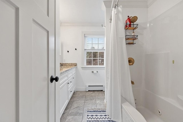 bathroom with baseboard heating, vanity, crown molding, and shower / tub combo