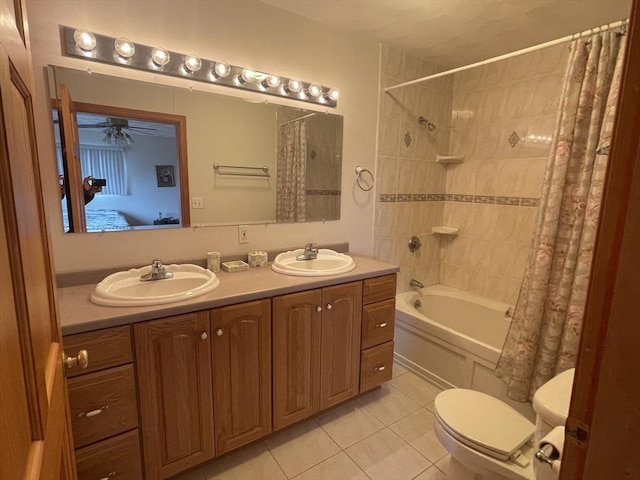 26 Feeney Rd, Norwood, MA 02062 - full bath with toilet, shower / bathtub combination with curtain, tile patterned flooring, double vanity, and a ceiling fan