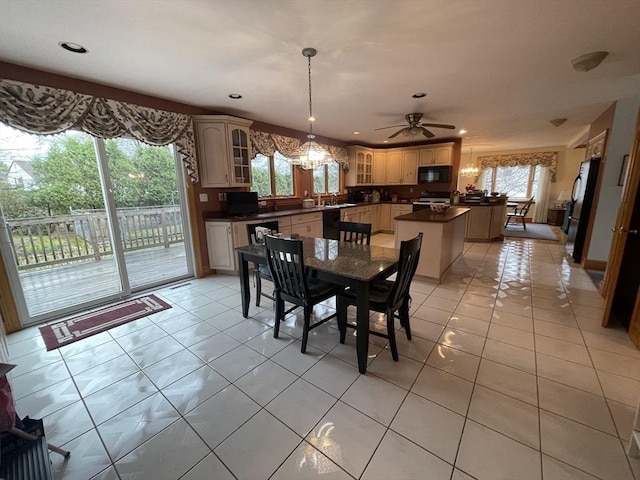 26 Feeney Rd, Norwood, MA 02062 - dining space featuring light tile patterned floors, recessed lighting, a chandelier, and a ceiling fan