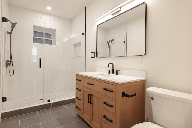 59 Dartmouth St Unit A, Somerville, MA 02145 - full bathroom featuring vanity, a stall shower, tile patterned floors, and recessed lighting