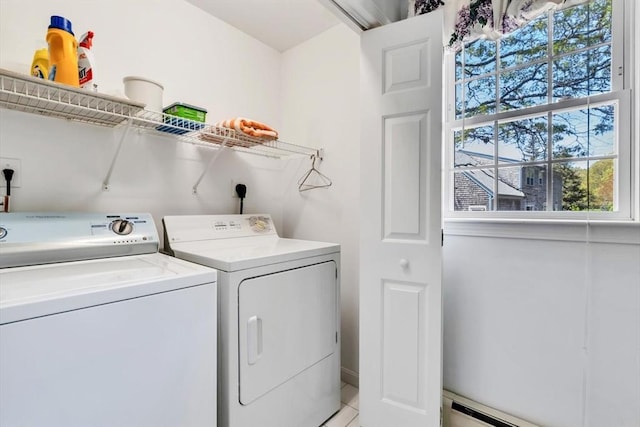 72 Rosemary Ln, Barnstable, MA 02632 - clothes washing area featuring independent washer and dryer, light tile patterned floors, and a baseboard heating unit