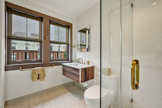 bathroom with hardwood / wood-style floors, vanity, and toilet