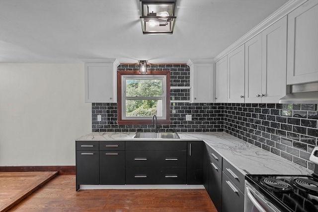 kitchen featuring stainless steel electric range, a sink, decorative backsplash, dark wood-type flooring, and white cabinetry