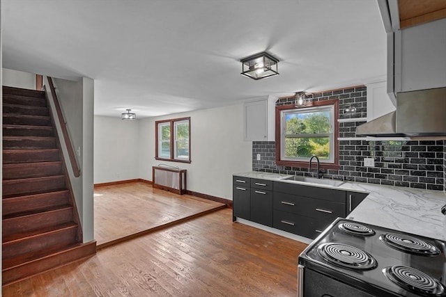 kitchen featuring black electric range oven, a sink, backsplash, dark cabinetry, and wood finished floors