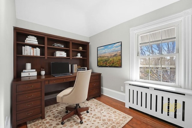 office area featuring wood-type flooring and radiator