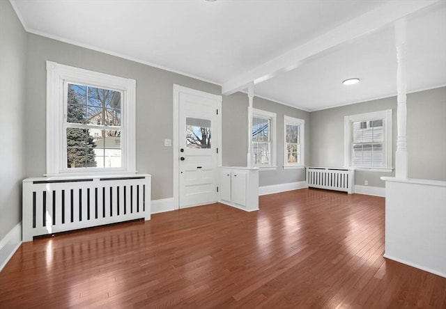 foyer entrance featuring a wealth of natural light, radiator heating unit, and dark hardwood / wood-style flooring