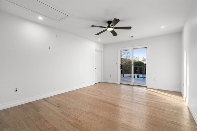 unfurnished room with ceiling fan and light hardwood / wood-style flooring