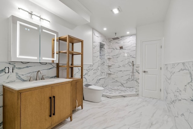 bathroom with walk in shower, vanity, toilet, and tile walls