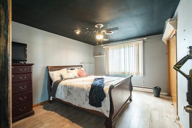 17 Lantern Rd, Revere, MA 02151 - bedroom with a baseboard radiator, light wood finished floors, baseboards, and a ceiling fan